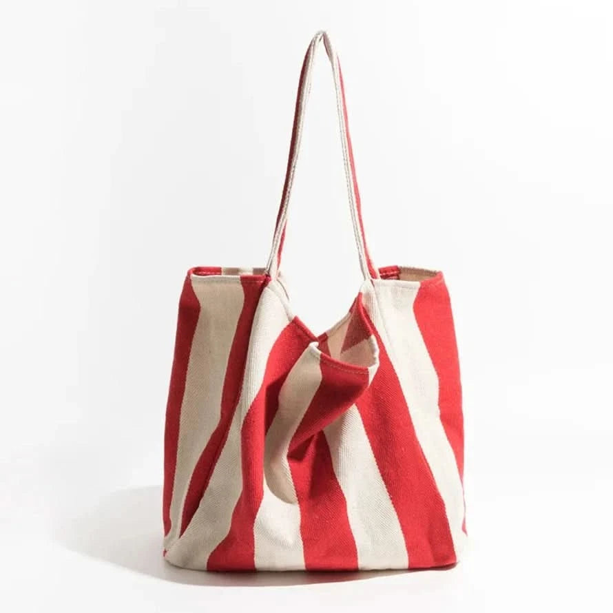 Canvas Tote Bag Striped Spacious Long Handles