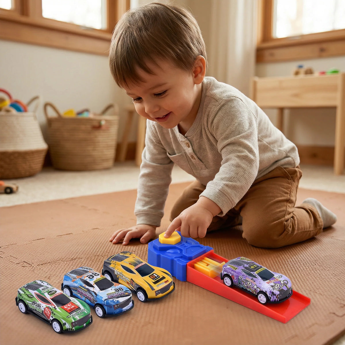 Car Catapult Set One-Button Launcher Four Die-Cast Cars