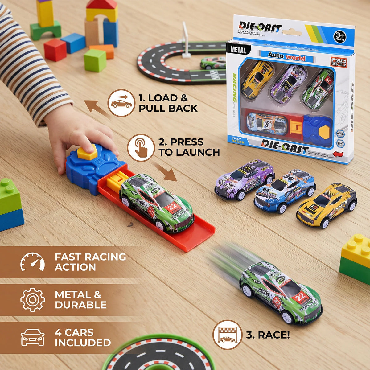 Car Catapult Set One-Button Launcher Four Die-Cast Cars