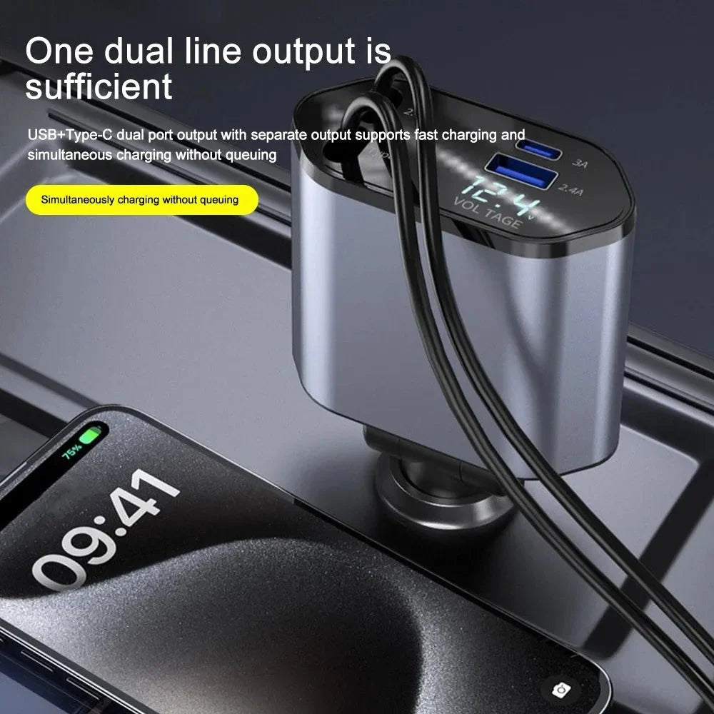 Car Charger 120W Retractable Dual Cables USB-A & USB-C