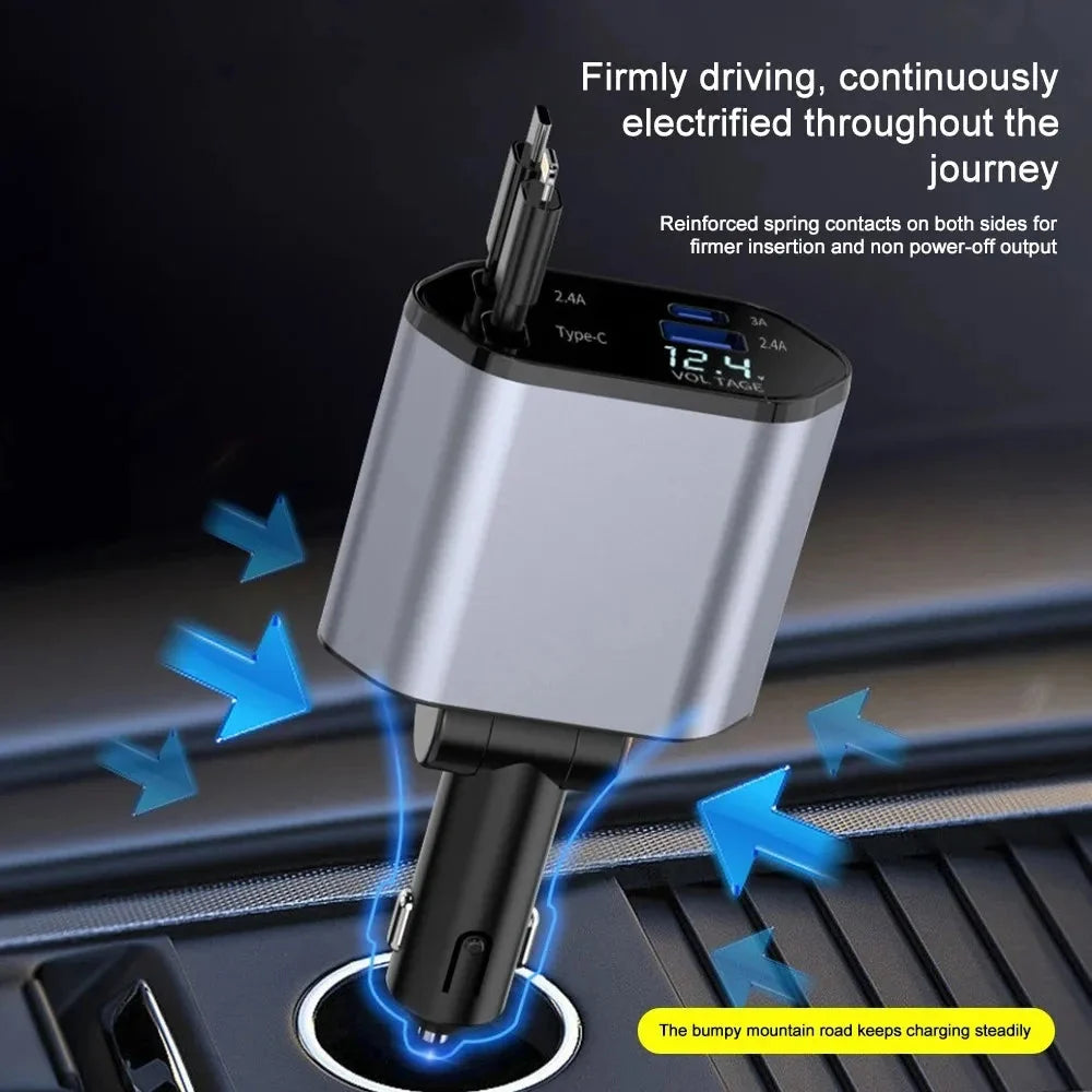 Car Charger 120W Retractable Dual Cables USB-A & USB-C