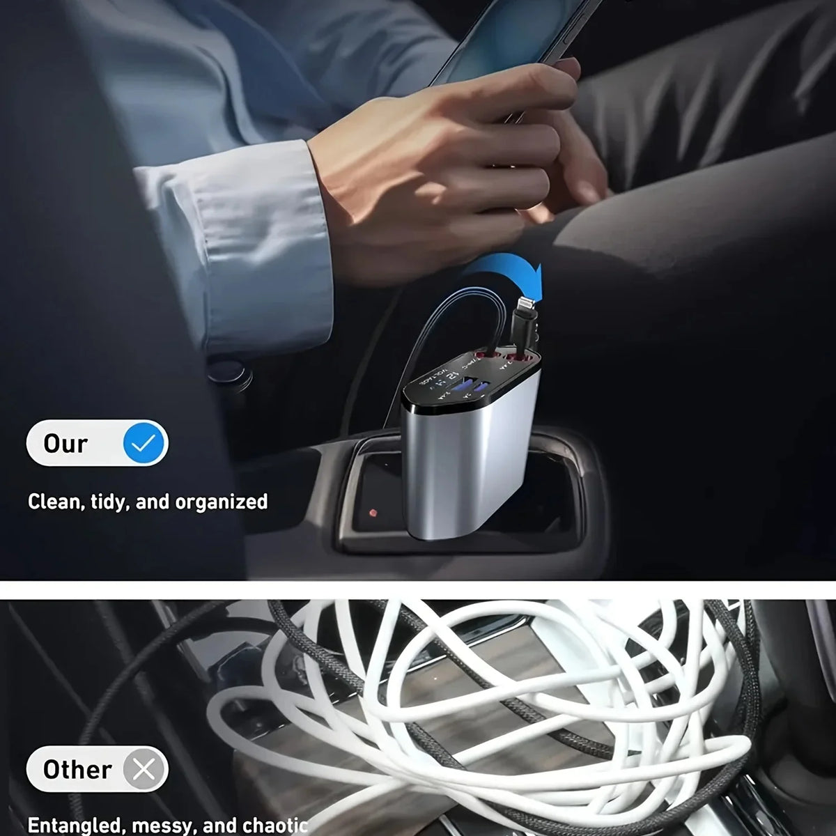 Car Charger 120W Retractable Dual Cables USB-A & USB-C