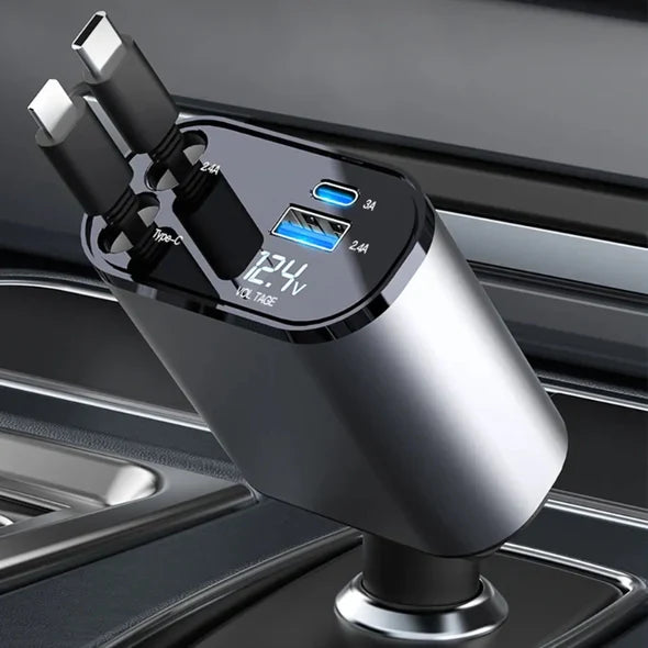 Car Charger Dual Retractable Cables Four Ports Adapters Included