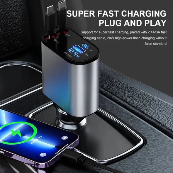 Car Charger Dual Retractable Cables Four Ports Adapters Included