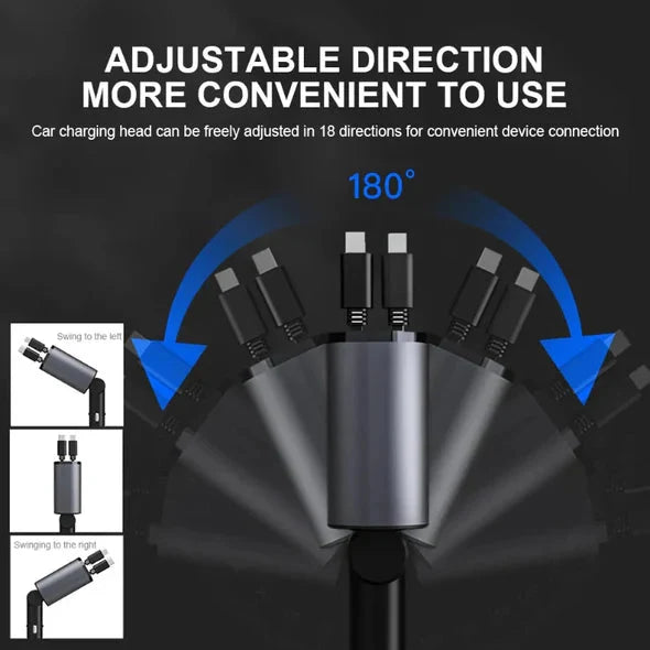 Car Charger Dual Retractable Cables Four Ports Adapters Included