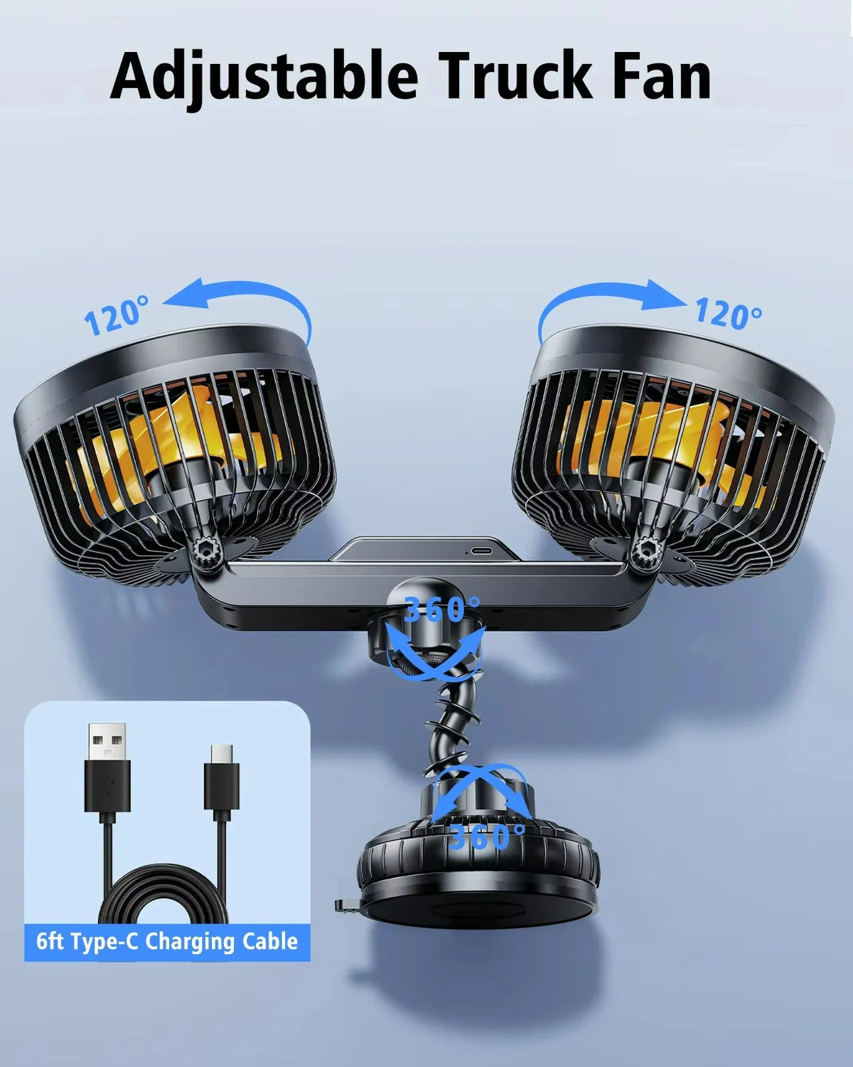 Car Cooling Fan Suction-Cup Mount & USB Rechargeable