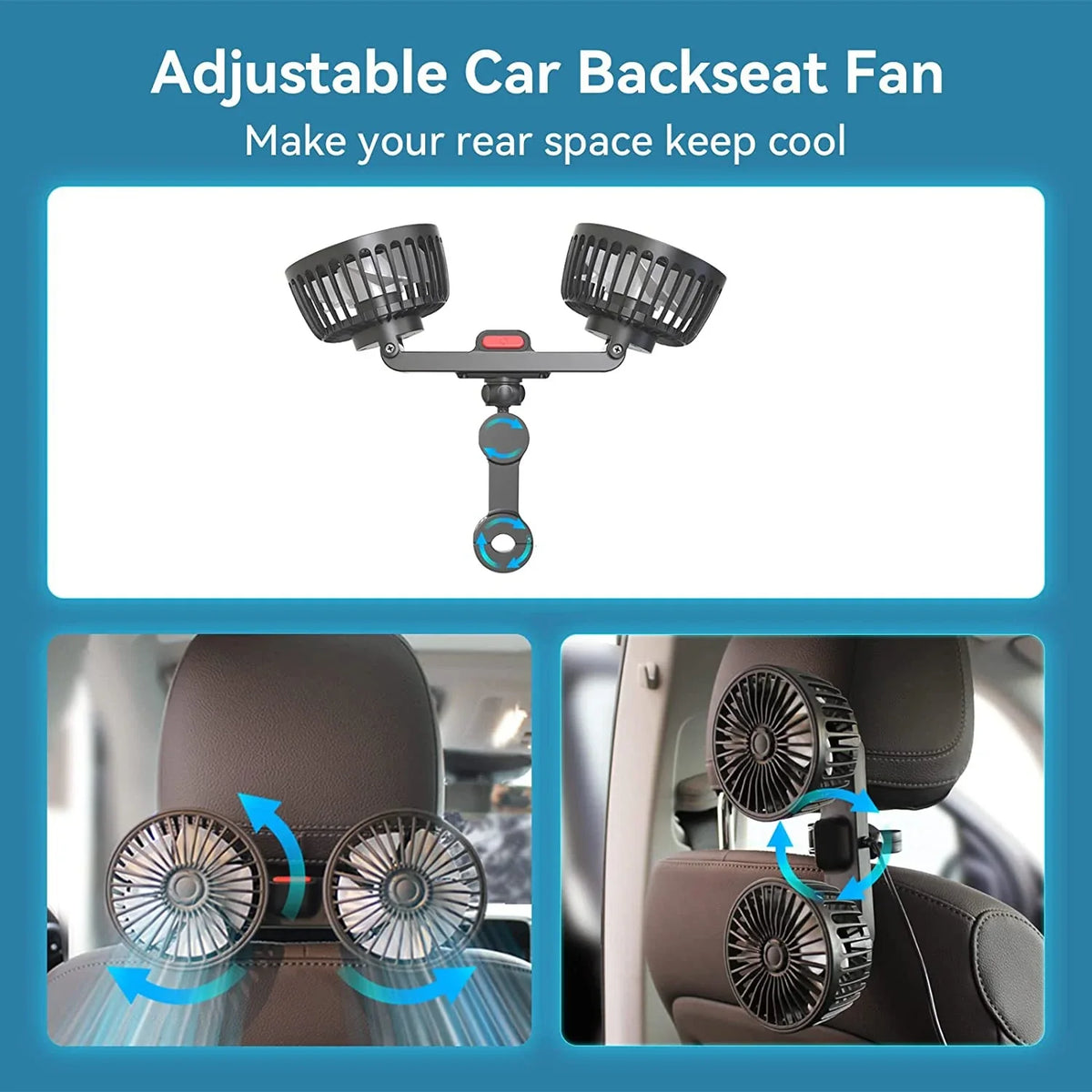 Car Fan Dual-Head 360° Adjustable USB Rechargeable