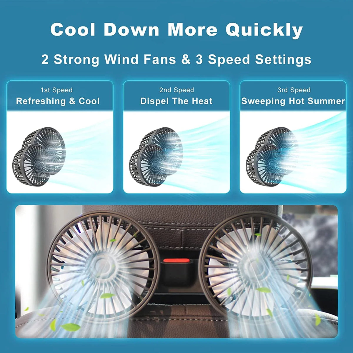Car Fan Dual-Head 360° Adjustable USB Rechargeable