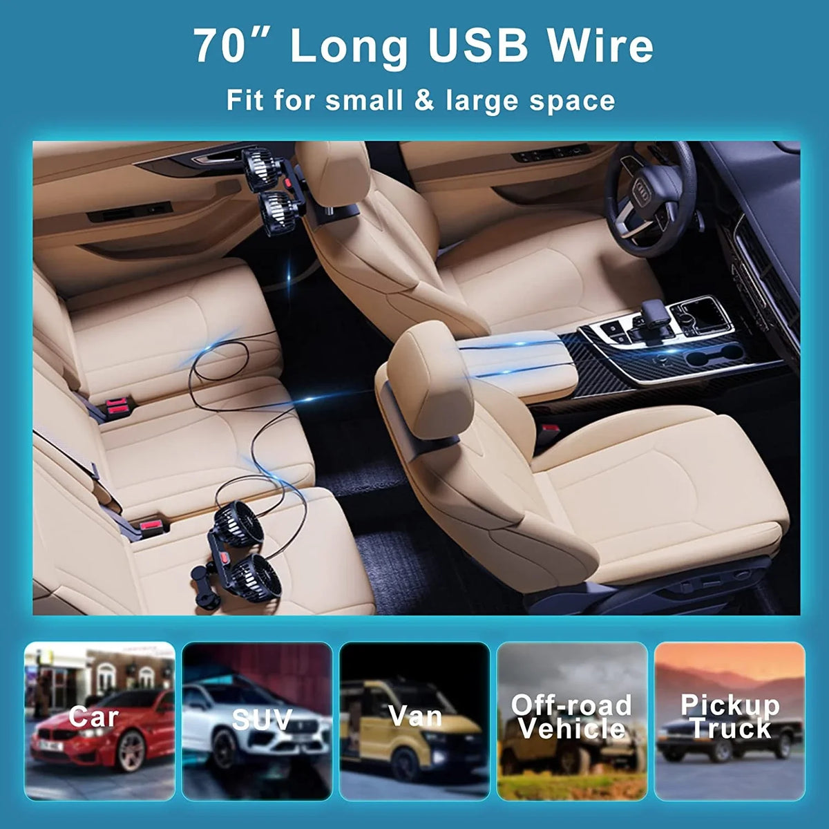 Car Fan Dual-Head 360° Adjustable USB Rechargeable