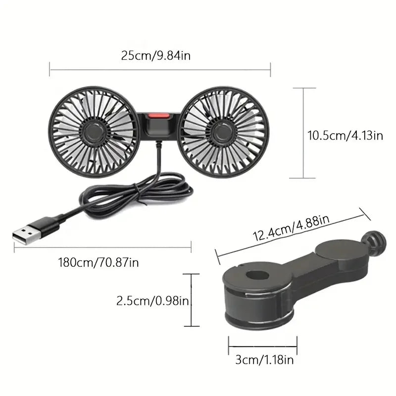 Car Fan Dual-Head 360° Adjustable USB Rechargeable