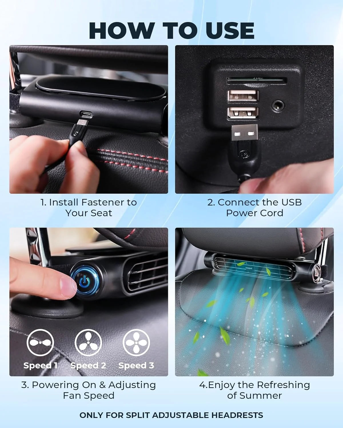 Car Headrest Fan Bladeless USB Powered 3-Speed