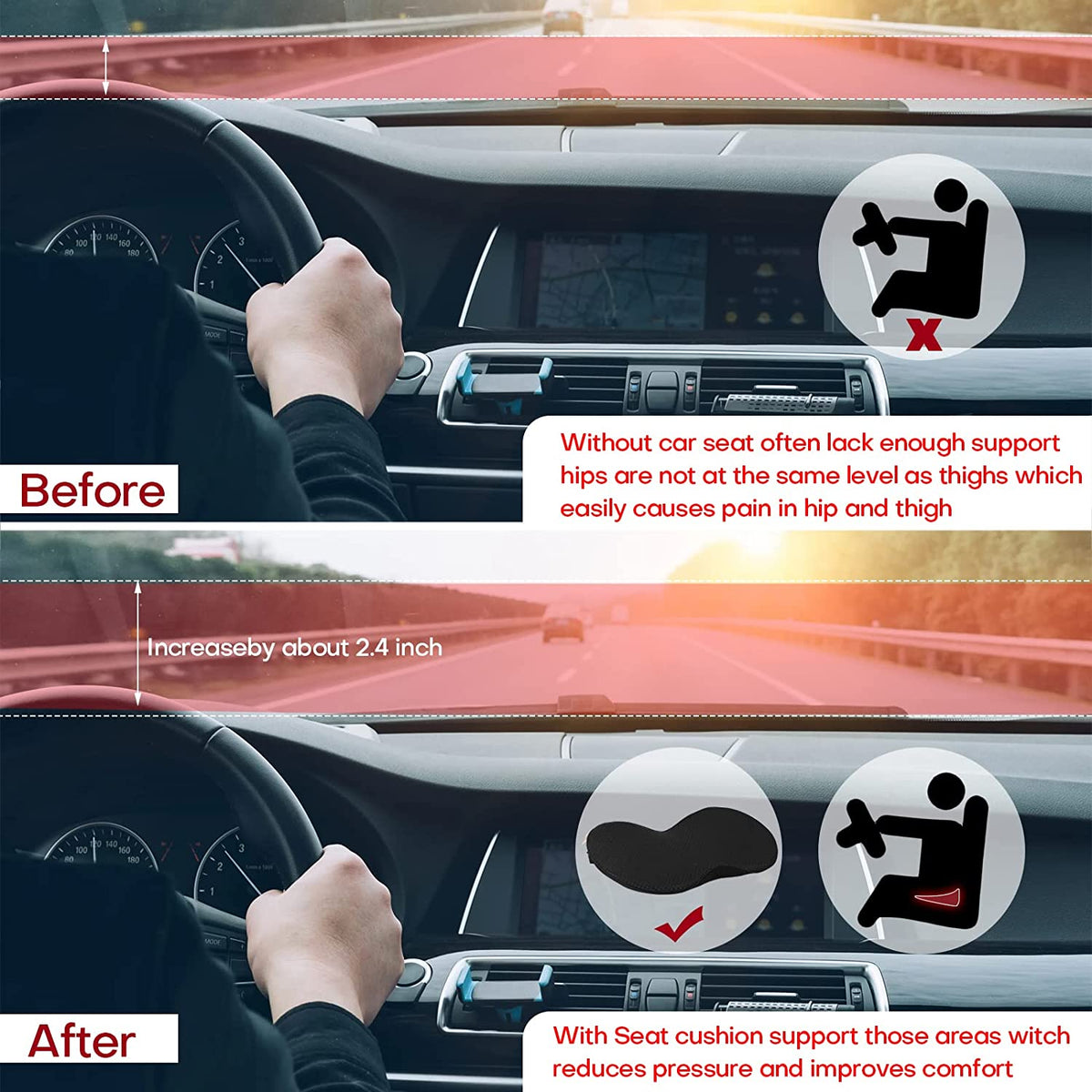 Car Seat Cushion Height-Boosting Foam Core & Non-Slip Base