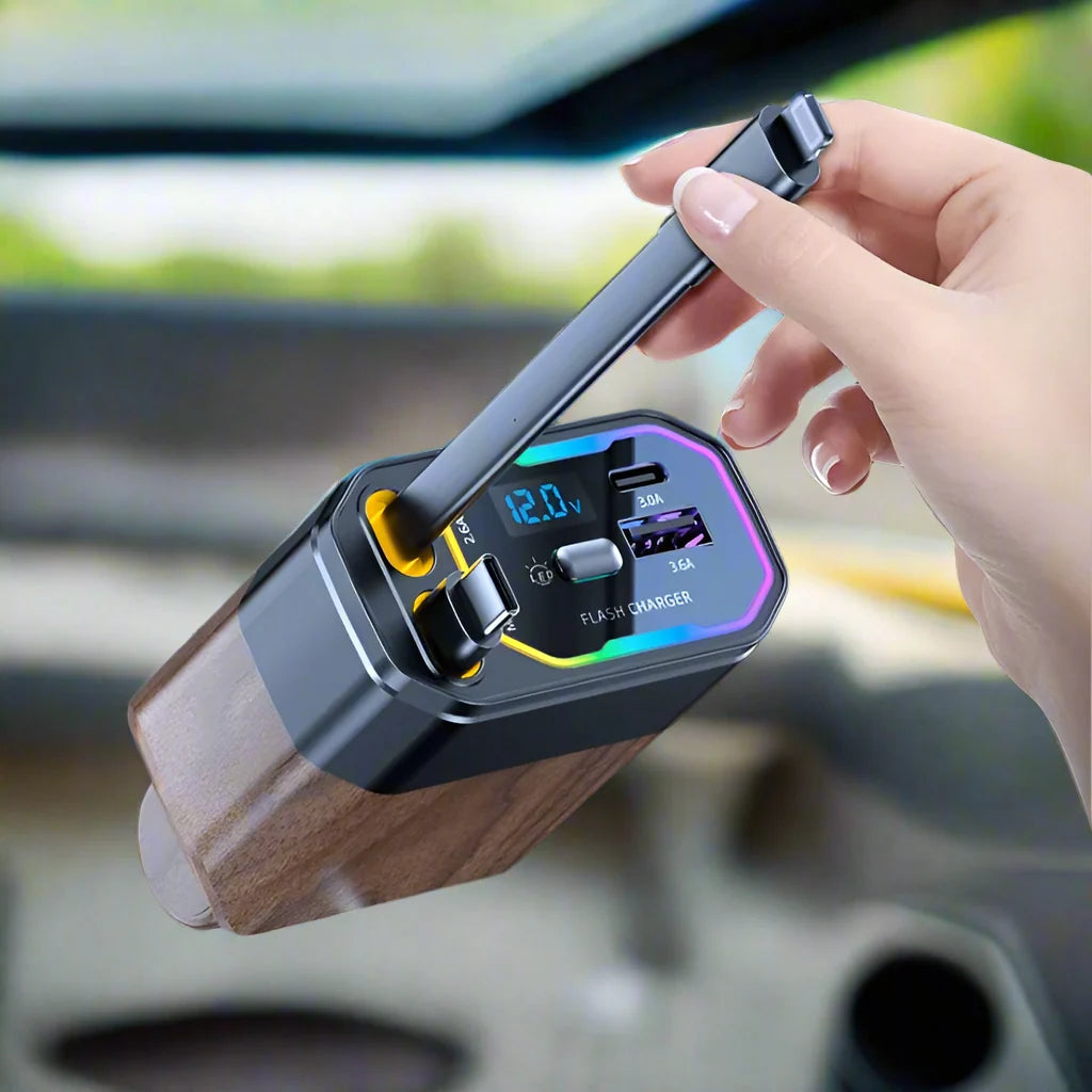 Car USB Charger Dual Retractable Fast Charging Digital Voltage