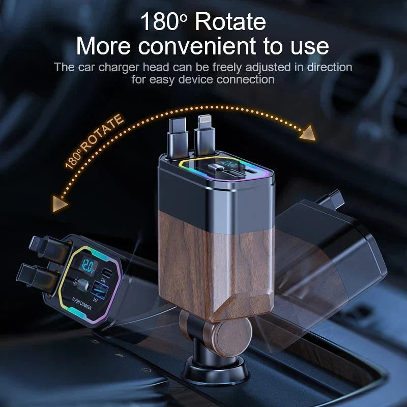 Car USB Charger Dual Retractable Fast Charging Digital Voltage