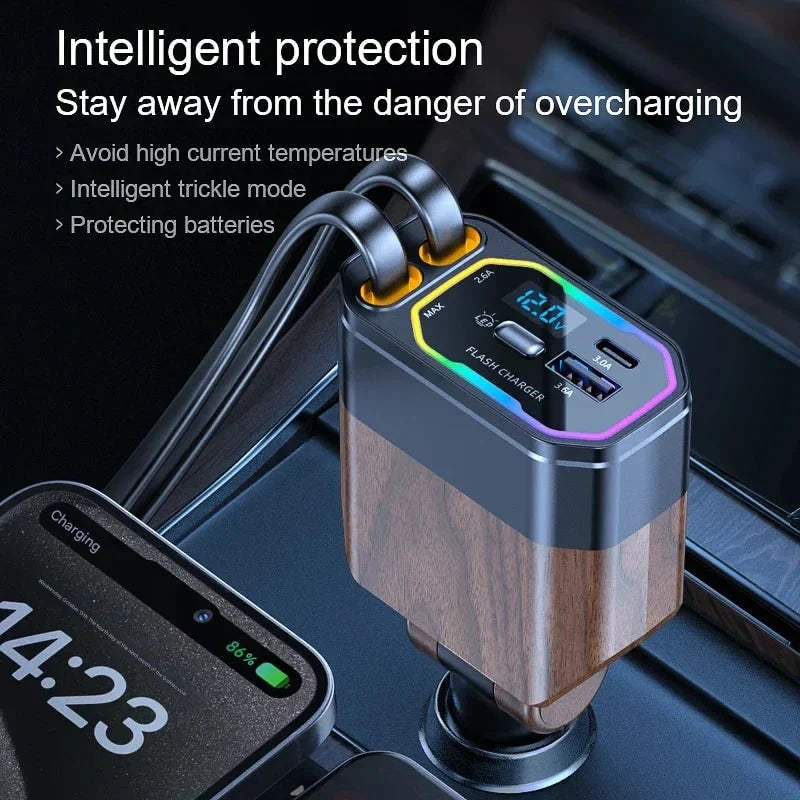 Car USB Charger Dual Retractable Fast Charging Digital Voltage