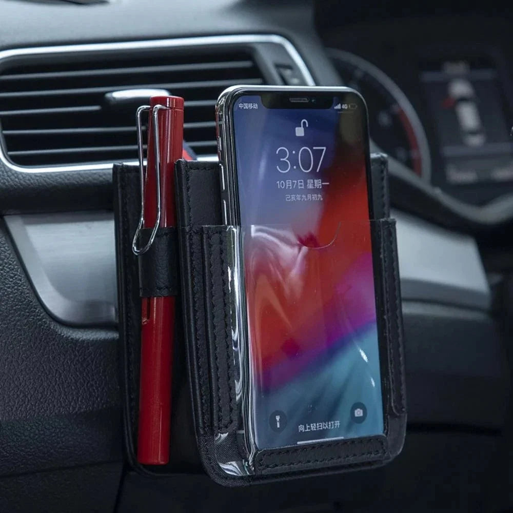 Car Vent Organizer Faux Leather Multi-Pocket Clear Phone Pocket