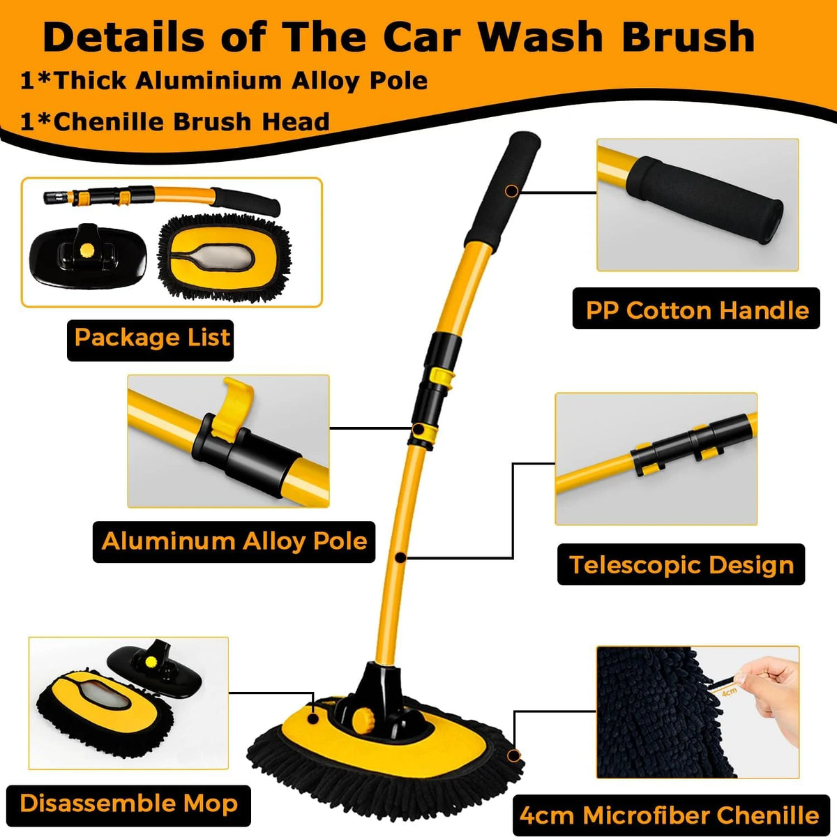 Car Wash Brush Telescopic Rotating Head & Microfiber Chenille