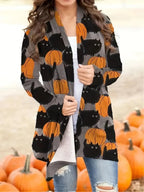 Cardigan Pumpkin Print Button Front Stretch Knit