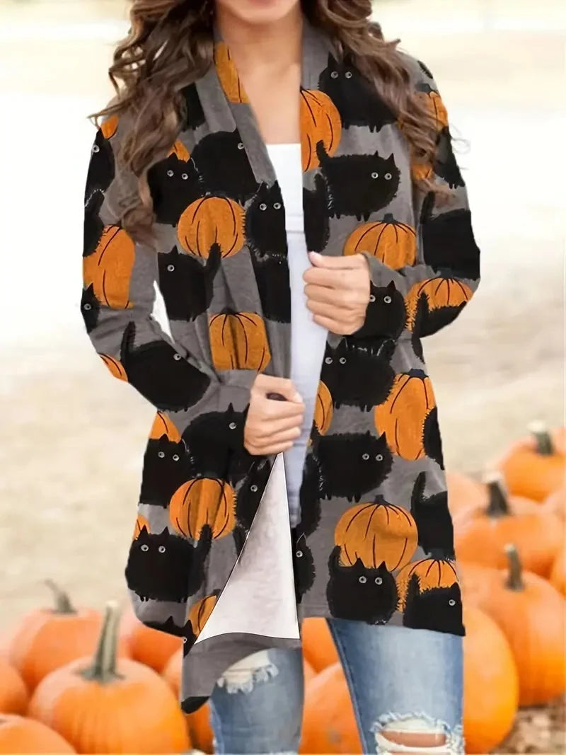 Cardigan Pumpkin Print Button Front Stretch Knit