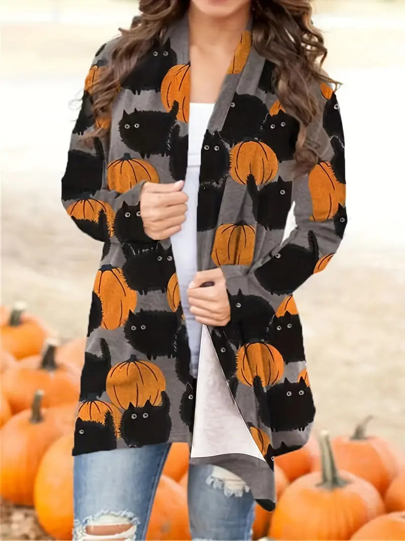 Cardigan Pumpkin Print Button Front Stretch Knit