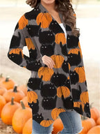 Cardigan Pumpkin Print Button Front Stretch Knit