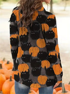 Cardigan Pumpkin Print Button Front Stretch Knit