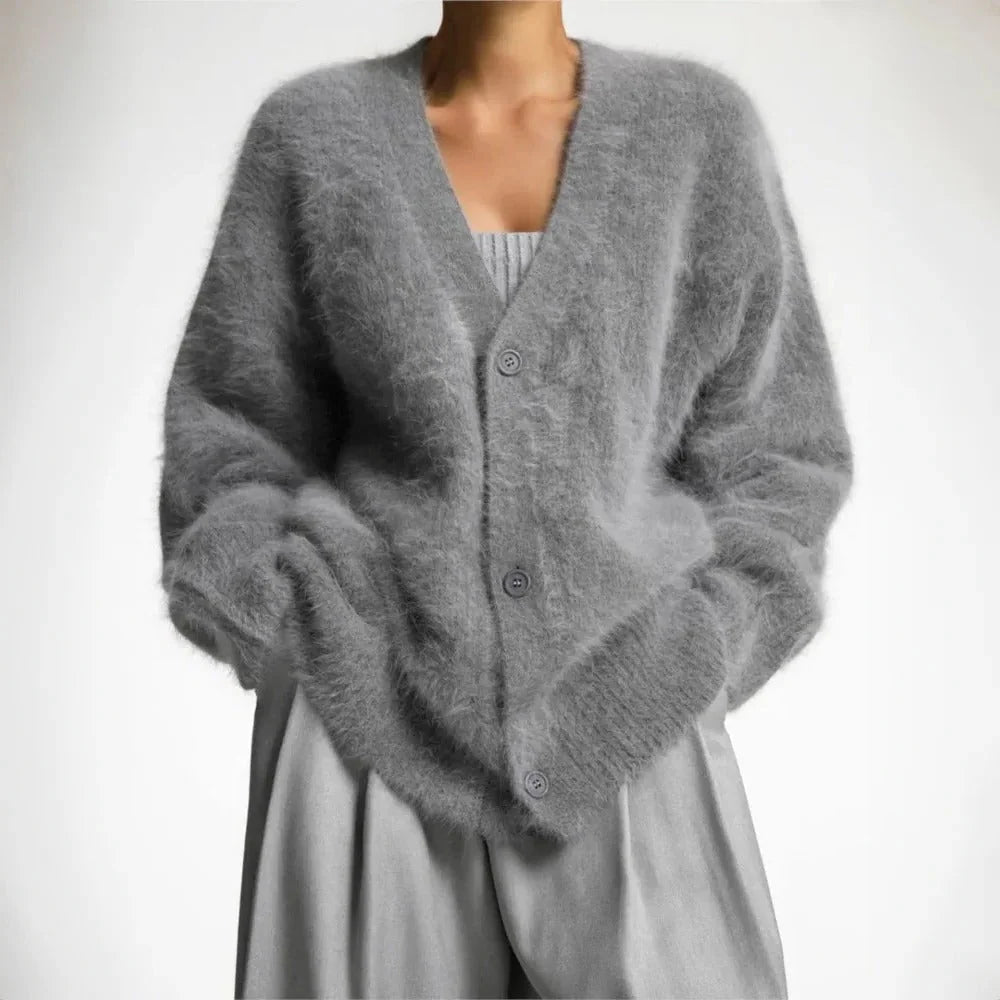 Cardigan V-Neck Fluffy Knit Natural Fiber