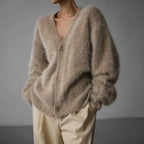 Cardigan V-Neck Fluffy Knit Natural Fiber