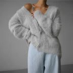 Cardigan V-Neck Fluffy Knit Natural Fiber