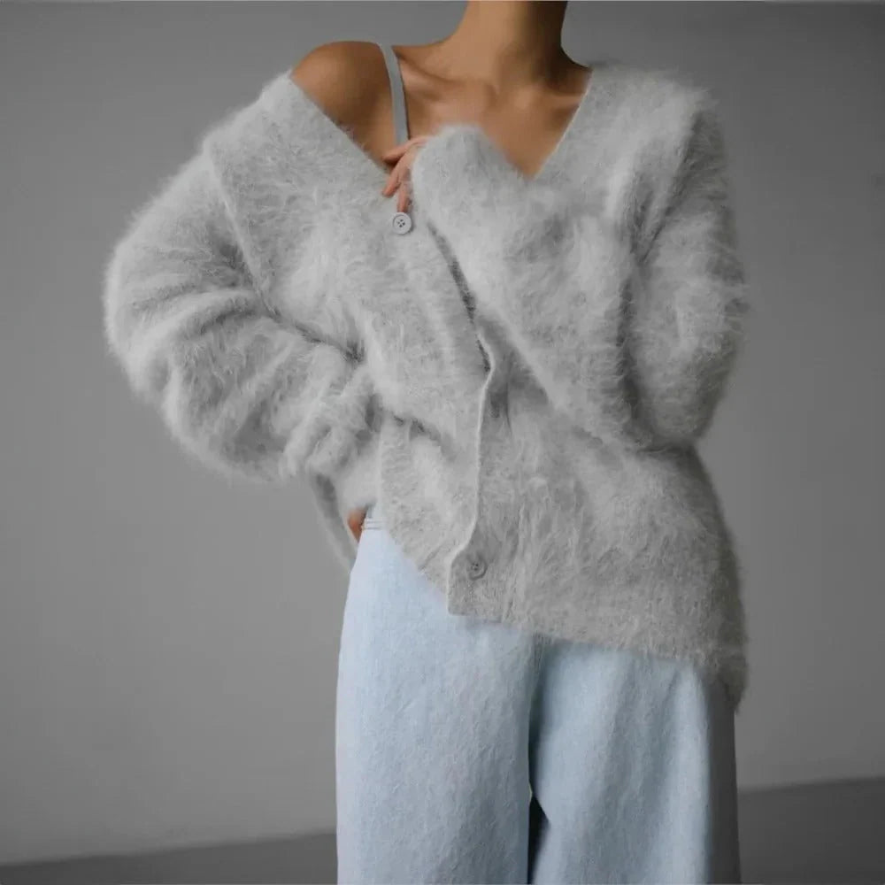Cardigan V-Neck Fluffy Knit Natural Fiber
