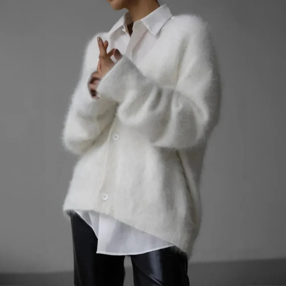 Cardigan V-Neck Fluffy Knit Natural Fiber