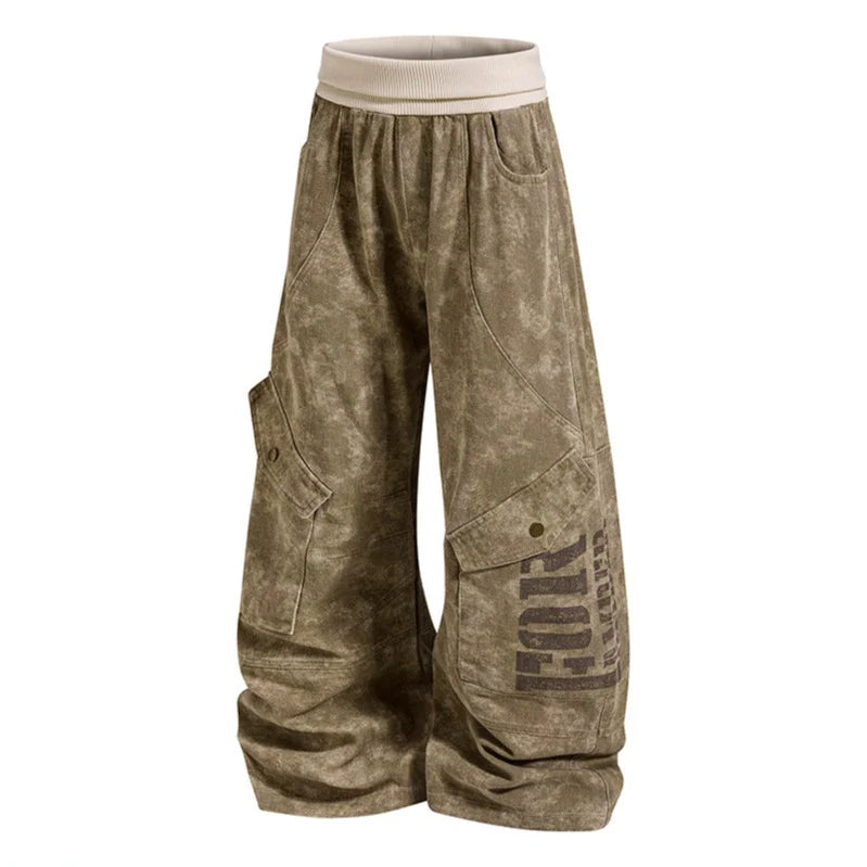 Cargo Culotte Pants Wide Leg Cropped Ribbed Waistband & Utility Pockets