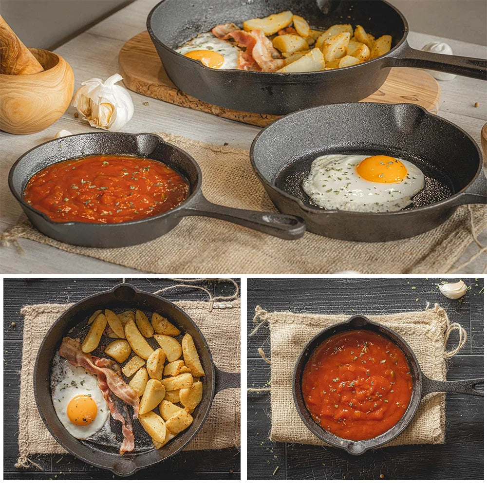 Cast Iron Frying Pan Set Pre-Seasoned 3-Piece