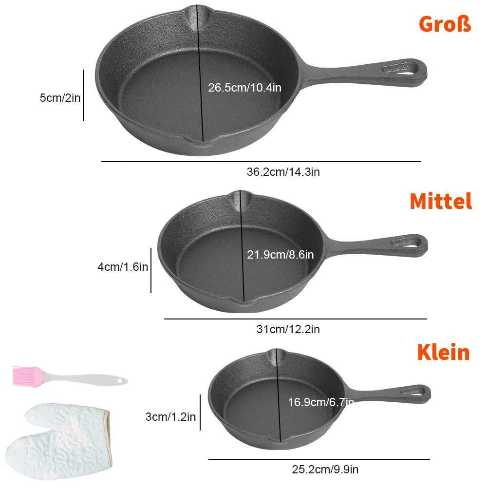 Cast Iron Frying Pan Set Pre-Seasoned 3-Piece
