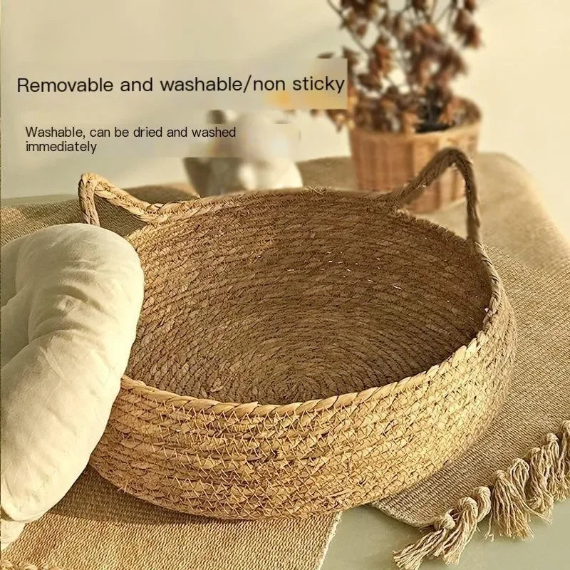 Cat Bed Breathable Woven Cattail Grass Removable Pad