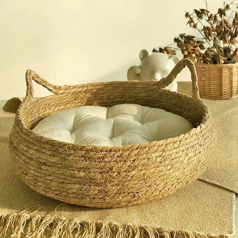 Cat Bed Breathable Woven Cattail Grass Removable Pad