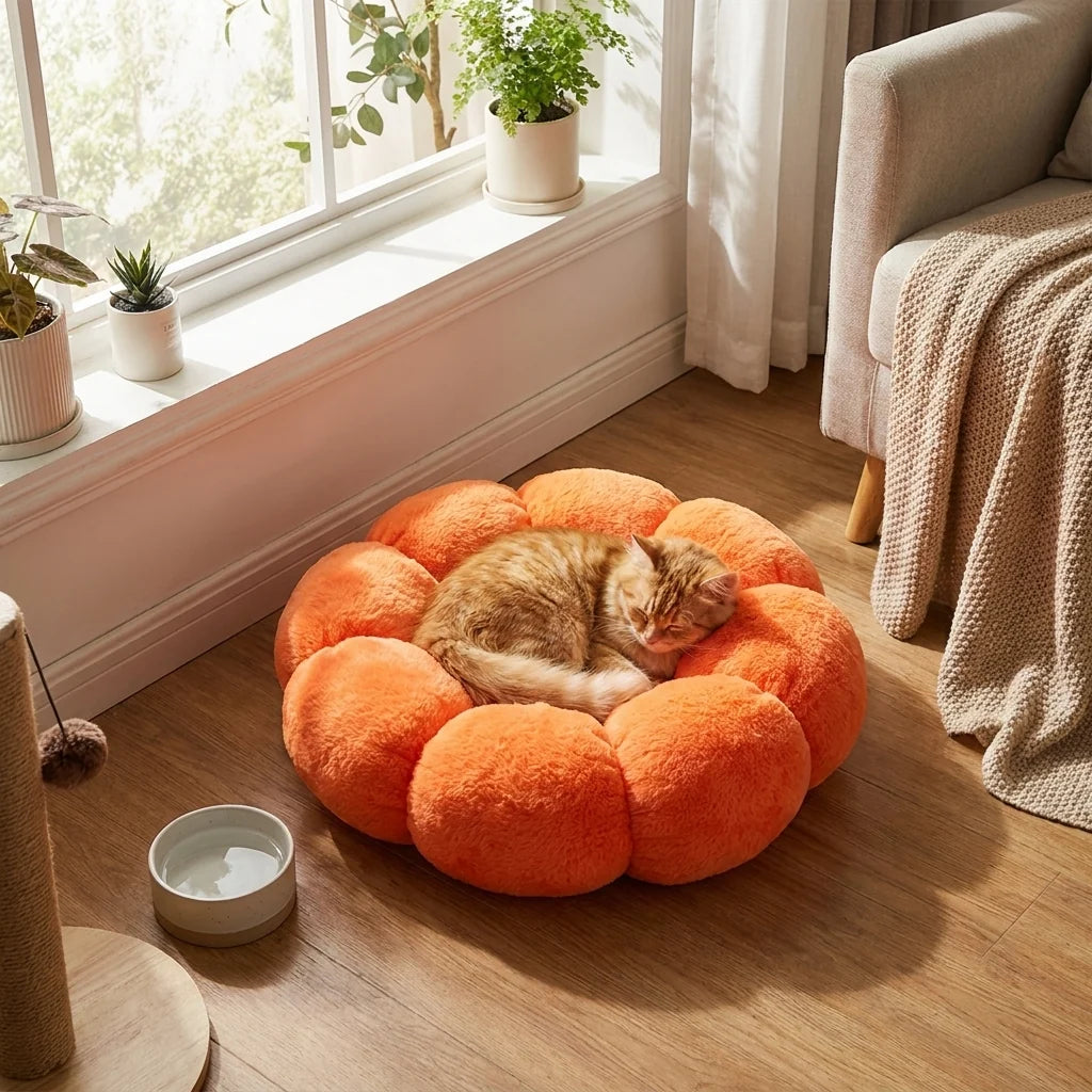 Cat Bed Flower-Shaped Plush Petal Rim Polyester Fill