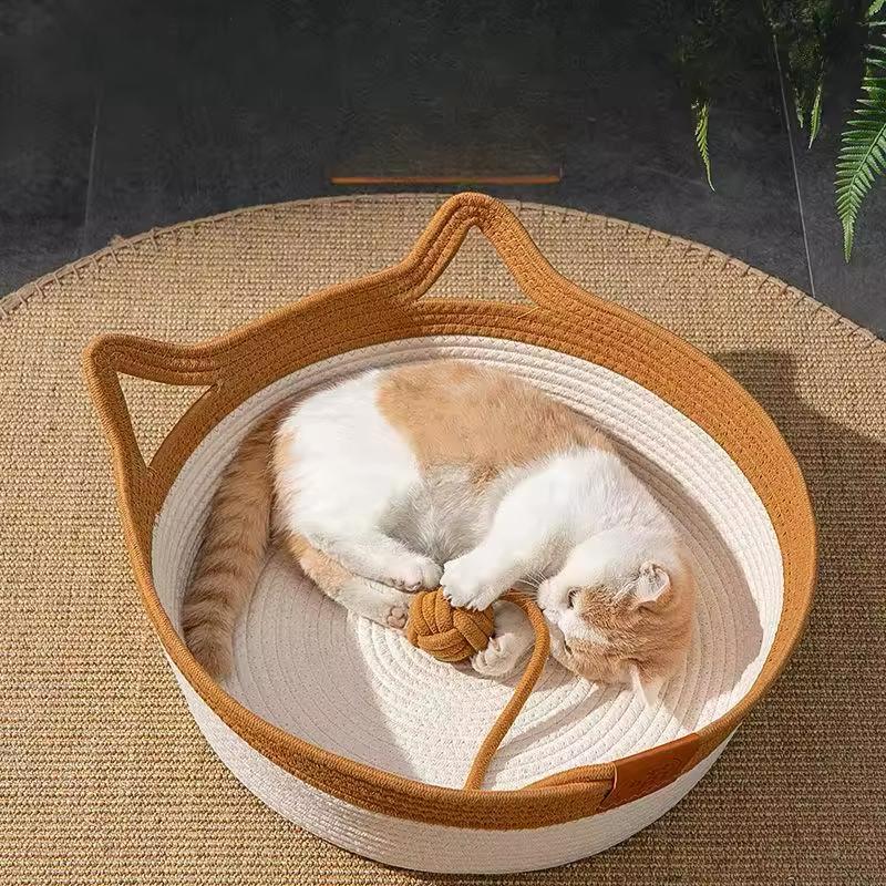 Cat Bed Handwoven Cotton Rope High Sides & Braided Toy
