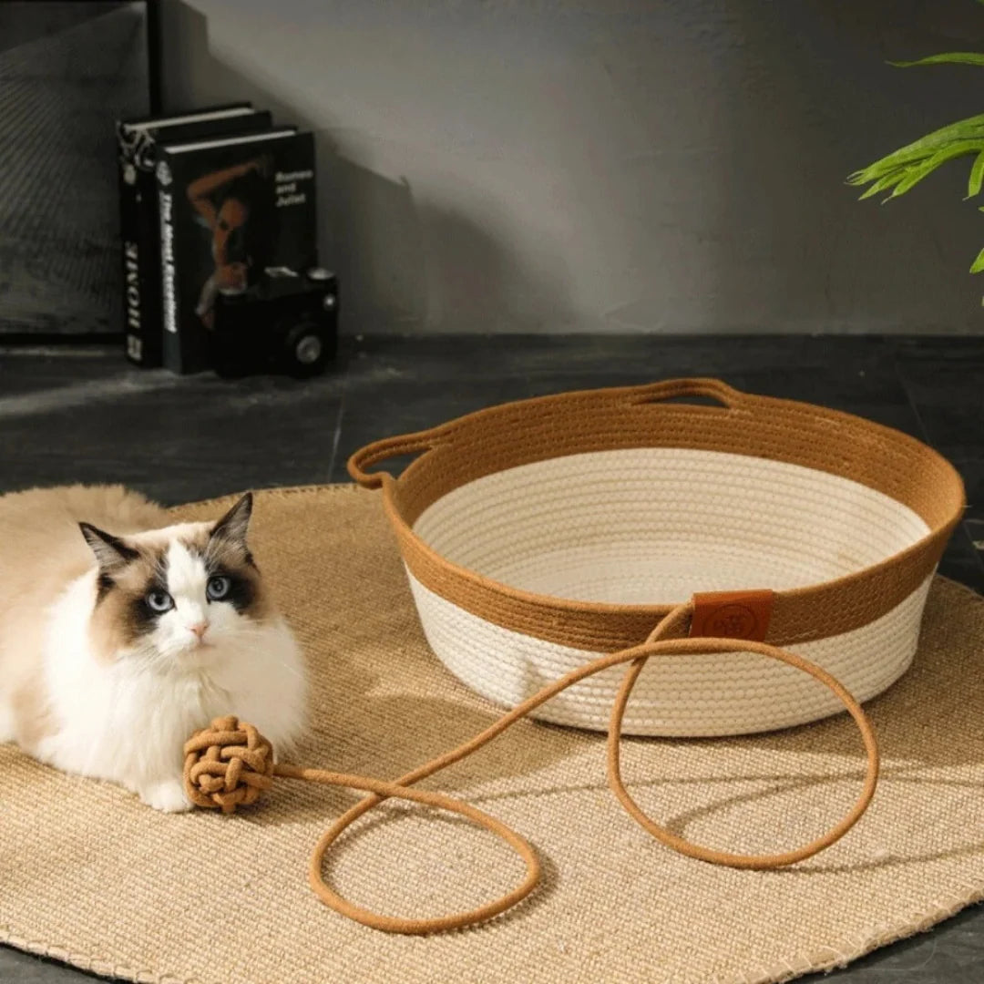 Cat Bed Handwoven Cotton Rope High Sides & Braided Toy