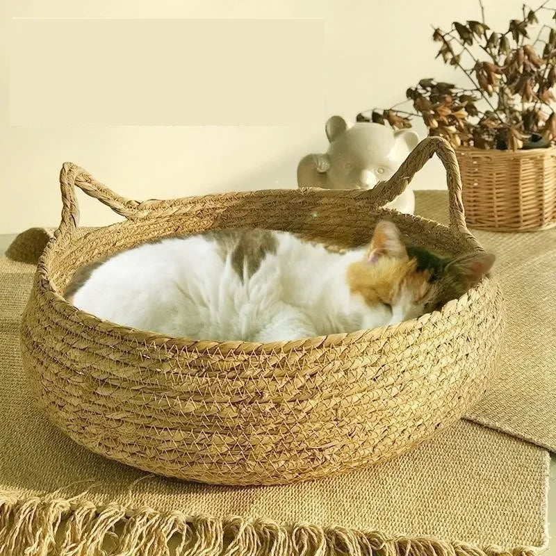 Cat Bed Woven Cattail Grass Removable Washable Pad