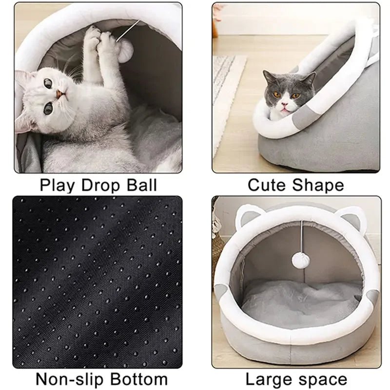 Cat Cave Bed Plush Semi-Enclosed Machine Washable Reversible Cushion