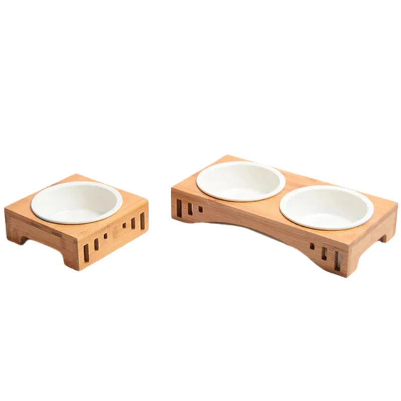 Cat Feeding Station Bamboo Arch Removable Bone China Bowls