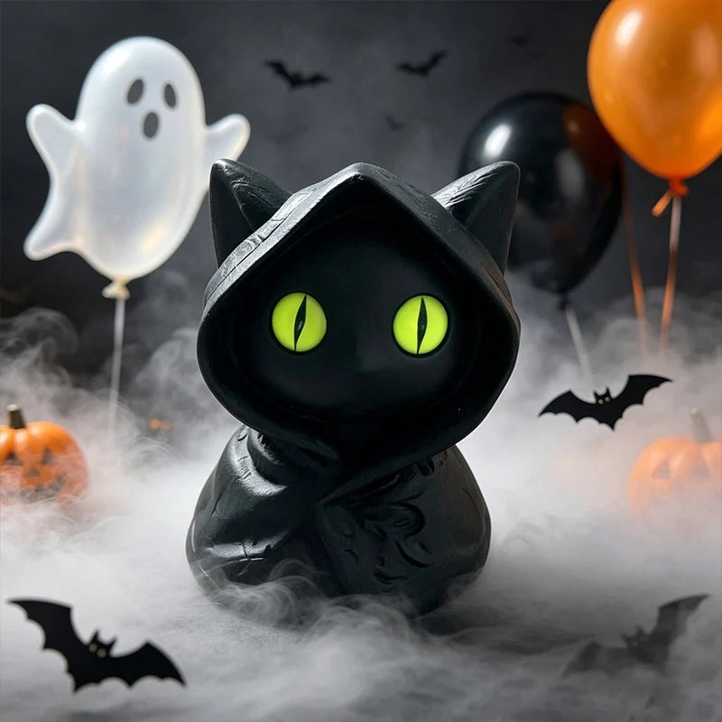Cat Figurine Compact Black Plastic Bright Green Eyes
