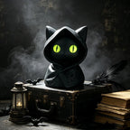 Cat Figurine Compact Black Plastic Bright Green Eyes