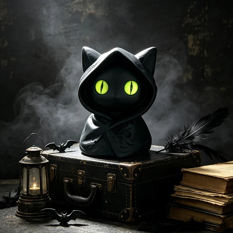 Cat Figurine Compact Black Plastic Bright Green Eyes