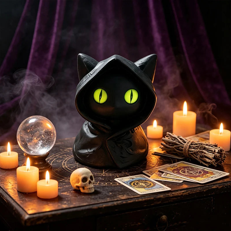 Cat Figurine Compact Black Plastic Bright Green Eyes