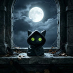 Cat Figurine Compact Black Plastic Bright Green Eyes
