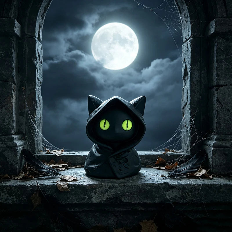 Cat Figurine Compact Black Plastic Bright Green Eyes