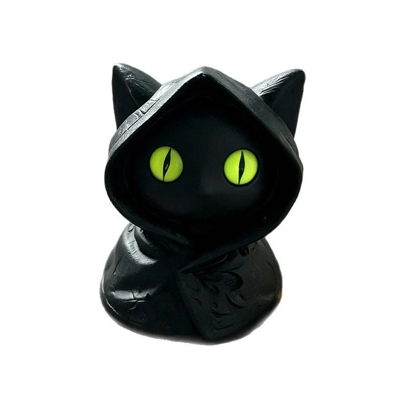Cat Figurine Compact Black Plastic Bright Green Eyes