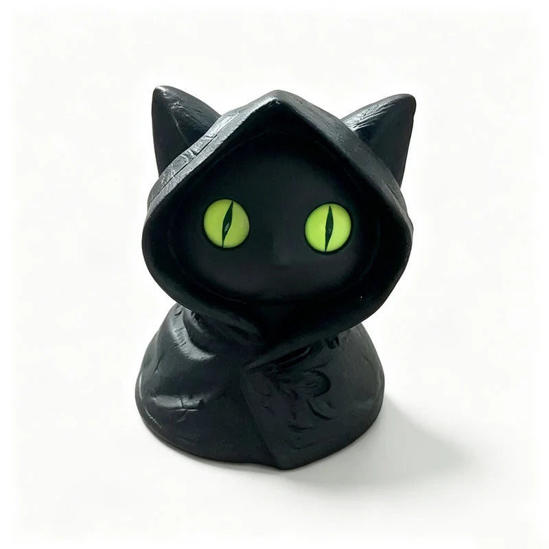 Cat Figurine Compact Black Plastic Bright Green Eyes